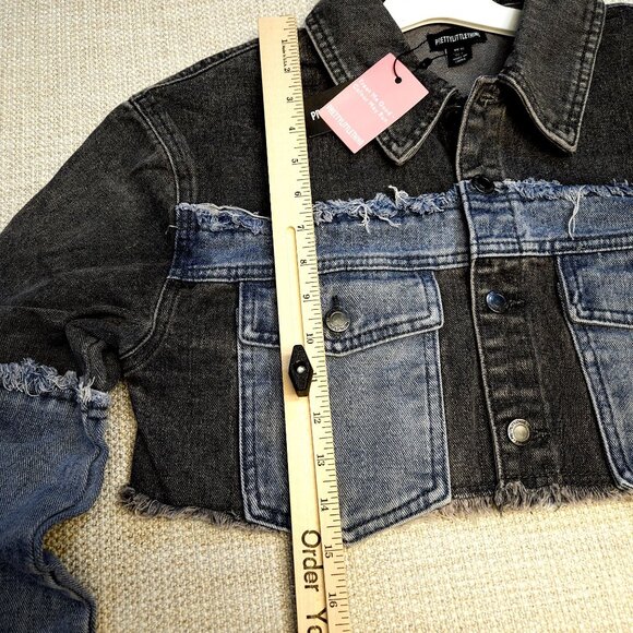 Womens Pretty Little Thing Cropped Denim Jacket Black & Blue Frayed Hem Size 6 - Picture 8 of 16